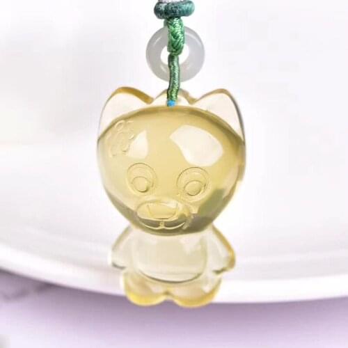 Yellow Natural Crystal Pendants Hand Carved Cute Bear Pendant Charm Rope Chain Necklace for Women men Gift Fashion Jewelry