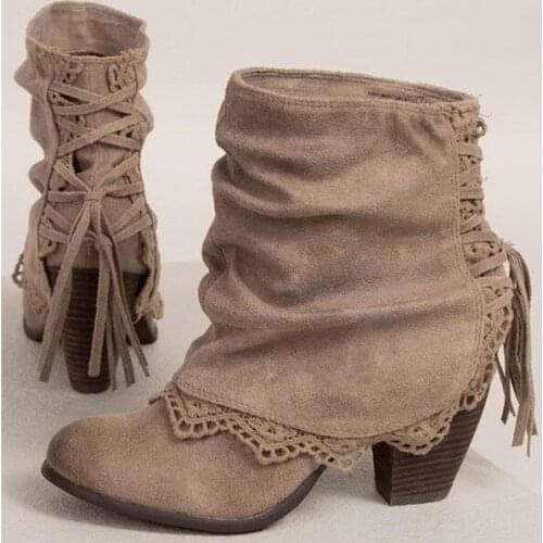 2019 Autumn Winter Women Boots Casual Martin boots Suede round head ankle boots High heeled Tassel Lace women Shoes