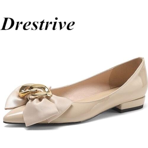 Drestrive Full Genuine Leather Pointed Toe Butterfly Knot Low Heels Women Pumps Shallow Flats Black Patent Leather