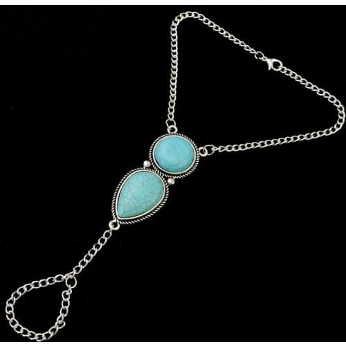 Turkish Beach waterdrop shape green stone ankle bracelet Women Gypsy Tribal Rivet Finger Bangles Leg Bracelet tobillera Jewelry