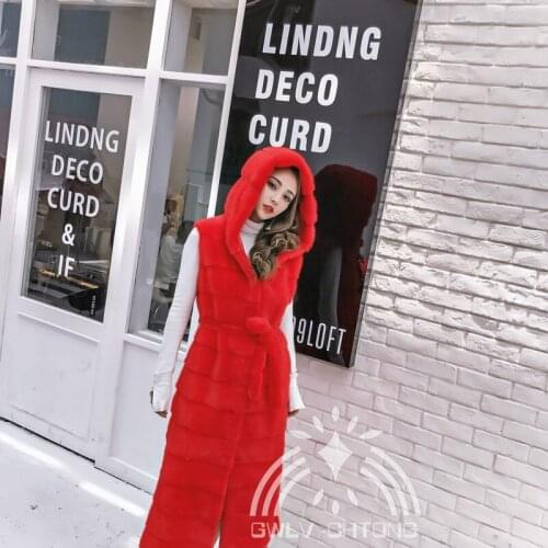 Real natural genuine X-long rabbit fur vest with hood women fashion fur gilet jackets ladies over coat outwear