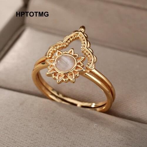 Geometric Opal Sun Crown Finger Rings Gold Wedding Engagement Aesthetic Punk Ring for Women Jewelry Party anillos mujer