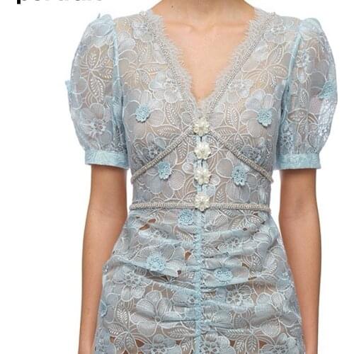 Runway Women Floral Embroidery Lace Diamonds Dress Summer 2021 Autumn Beading Flower Buttons Bubble Short Sleeve Long Vestidos