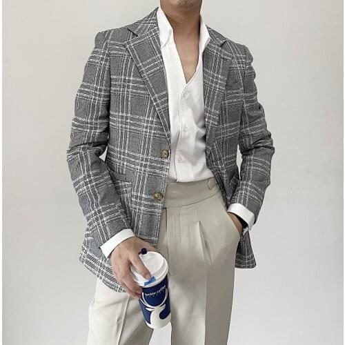 2021 Mens Fashion Big Collar Slim Fit Casual Suit Blazer Homme Korea Commuter Plaid Suit Jacket Trendy Men Blazer Masculino