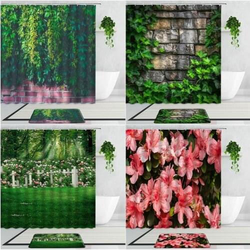 3D Flowers Garden Plants Shower Curtains Ivy Green Leaf False Wall Art Background Fabric Home Decoration Curtain Bath Mat Carpet