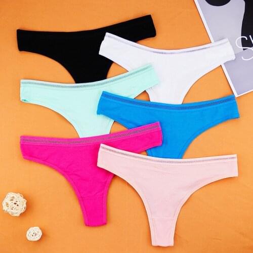 6Pcs/pack Thongs Woman Panties Cotton Tanga Femme Lot Low Cut Sports G-strings Hollow Out Design Solid Color Bikinis Wholesale
