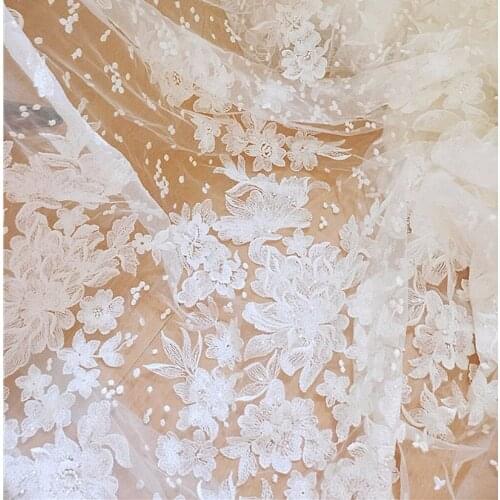 Ivory Alencon Lace Fabric Floral Sequined Patches Lace Fabric For Wedding Dress Coat Fabric 51 Inches Wide By The Yard