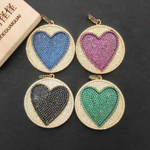 APDGG 35x35mm Heart Round Gold plated cubic zircon CZ Paved Connector Charms necklace pendant Jewelry DIY Jewelry Findings