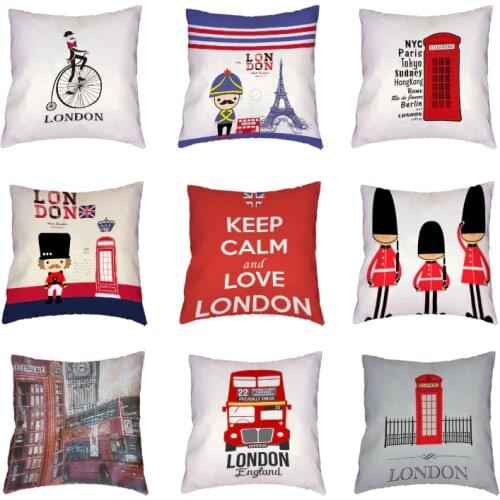 Popular London Big Ben Paris Tower White Cushion Covers Phone Booth Bus Pillowcases Keep Calm And Love London Peach Skin Cojines