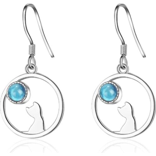 Design sense blue moonstone personality cat Korean style fashion trend cute silver plated earrings IR019