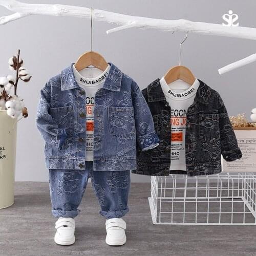 Cotton Baby Boy Spring Autumn Children Clothes Cartoon Denim Coat T-shirt Jeans 2Pcs/Set Kid Casual Clothing Toddler Tracksuits