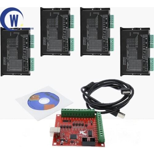 Hot!CNC Control system kit, 1*Red Breakout Board USB MACH3 100Khz 4 Axis Interface Driver Motion Controller+4*DM556/DM542 Drive