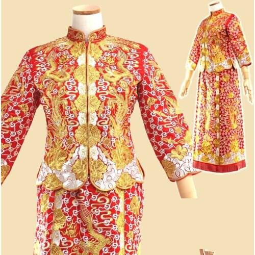 Da Wu Fu Golden Cloud Peony Embroidery Republican Period Bride Costume Hanfu Traditional Chinese Wedding Costume Xiu He Fu