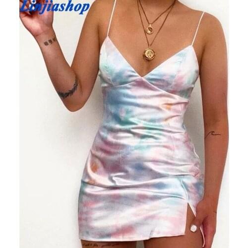 Summer dresses for women casual vintage bodycon dress mini sexy satin dress kawaii tie dye dress sleeveless pink spilt vestidos