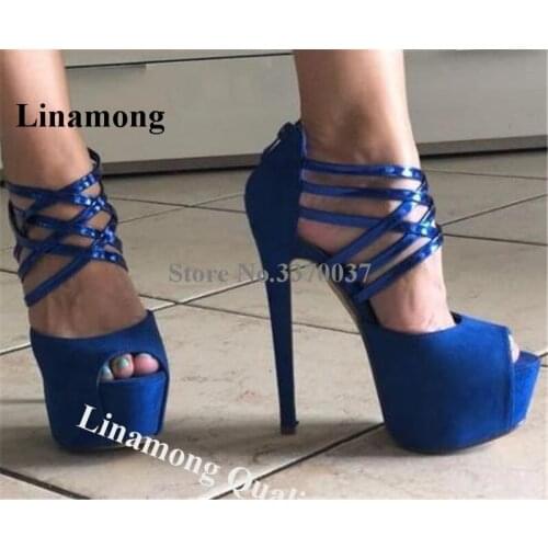 Linamong Newest Blue Suede High Platform Stiletto Heel Sandals Peep Toe Straps Cross High Heel Sandals Big Size Dress Shoes
