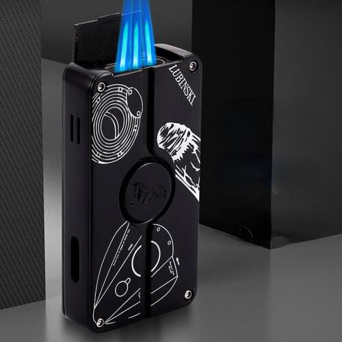 Lubinski Cigar Lighter Zinc Alloy Electrophoresis Three Nozzles Blue Flame Lighters Inflatable Windproof Lighter Cigerette Case