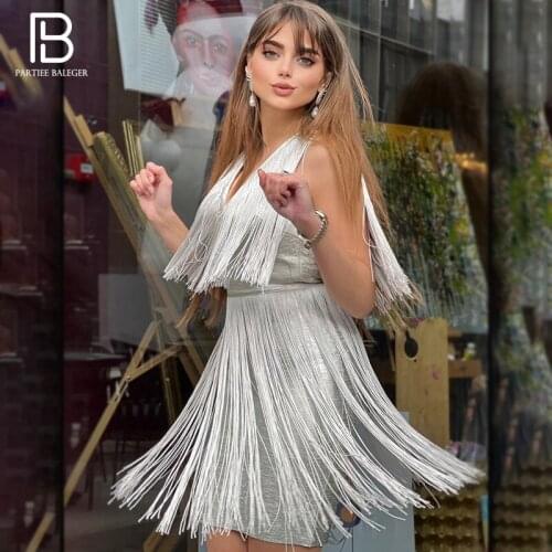 PB 2020 New Trendy Oil Print Silver Tassels Design Sexy V Neck Sleeveless Celebrity Party Club Bandage Dress