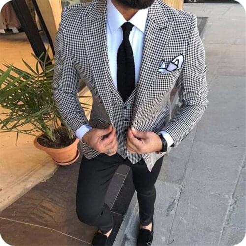 2020 Latest Coat Pant Designs Men Suits Houndtooth Shawl Lapel Formal Tuxedos Wedding Suits For Men Prom Party Dress With Pants