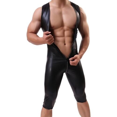Men Bodysuit Sexy Lingerie Leather Gay Front Zipper Underwear Stage Dancewear Corsets Man Leotard Bodysuit Costumes Bodystocking