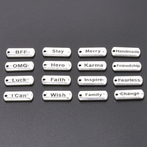 New 16pcs/Lot Word Tags Charm Pendants For Women Men OMG I Can BFF Hero Charms Handmade Accessories Silver Color DIY Keychain