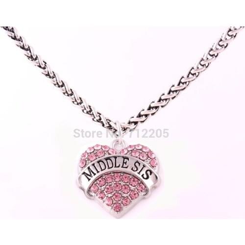 Rhodium plated Lobster Claw Wheat Link Chain with Large Clasp with crystal MIDDLE SIS heart necklace