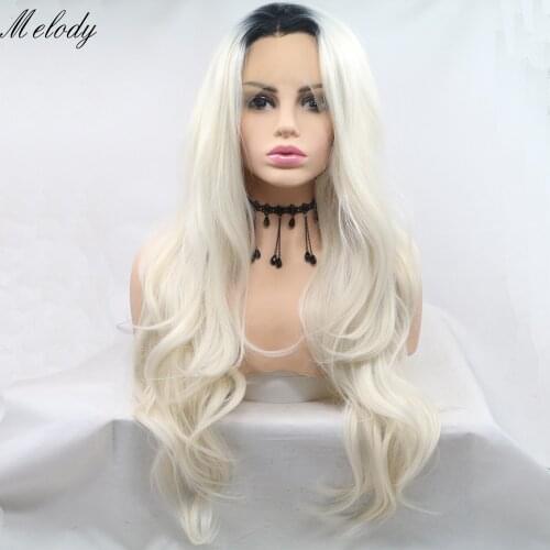 Melody Long White Body Wave Platinum with Black Roots Synthetic Lace Front Wigs Heat Resistant Fiber for women, Drag Queen Wig