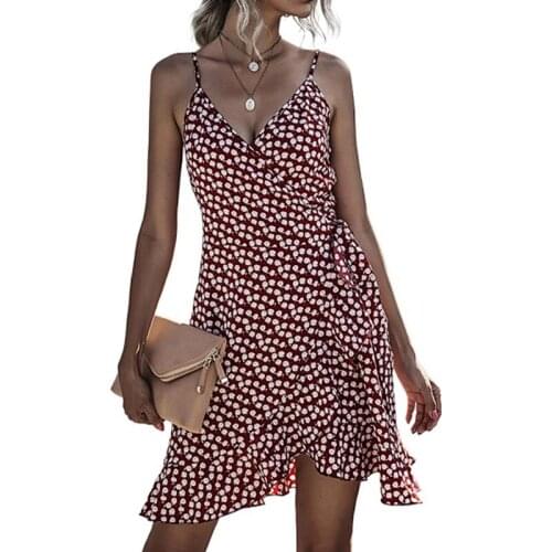 Sexy Slim Wrap-up Dress Women Fashion Printed Irregular Ruffled Sling Dresses Ladies French Polka Dot Low-cut Skirt Party Dress