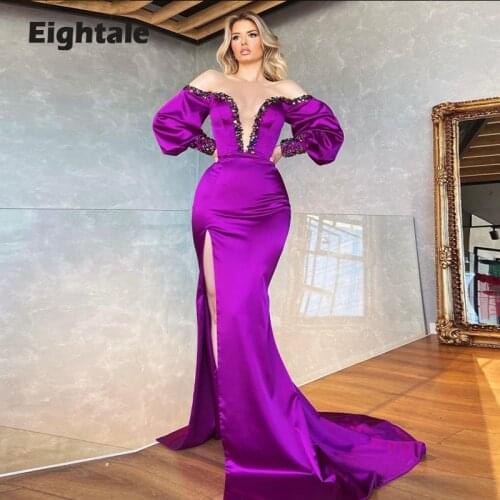 Eightale Arabic Evening Dress Crystals Off the Shoulder Beaded Long Puff Sleeves Mermaid Prom Gown Satin Celebrity Party Dress