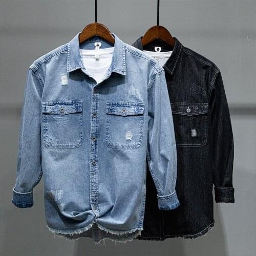 Vintage Hole Shirts Mens Casual Long Sleeve Denim Shirt Coat Mens Retro Cowboy Men Shirt Fashion Harujuku Camisa Masculina