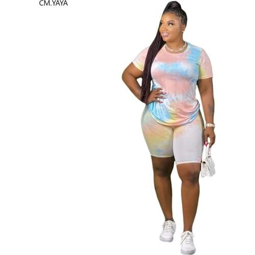 CM.YAYA Women Plus Size XL-5XL Sport Tie Dye two piece set Tracksuit O-neck T-shrit Shorts jogger Suit Sweatpants Matching Set