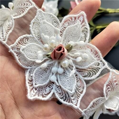 10X White Pearl Rose Flower Embroidered Lace Trim Applique Trimming Ribbon Fabric Sewing Craft Handmade Wedding Decoration