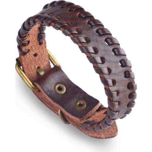 2021 Fashion Jewelry Retro Long Brown Braided Leather Bracelet Female Charm Simple Cuff Belt Buckle Couple Bracelet Pulseira