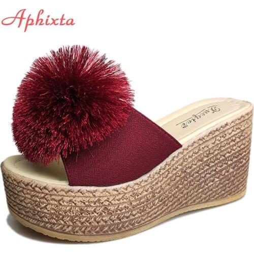 Aphixta 9cm Wedge Heels Mule Wine red Slides Beach Platform Women Slippers Appliques Hairball Female Sandals Clog Shoes Women