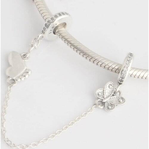 Authentic S925 Silver Decorative Butterflies With Crystal Safety Chain Charm for Women Bracelet Bangle DIY Jewelry
