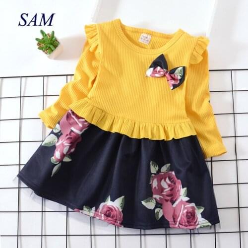 2020 sweet fashion kids dress childrens clothing bow long sleeve flower girls dresses kids spring and autumn splice dress