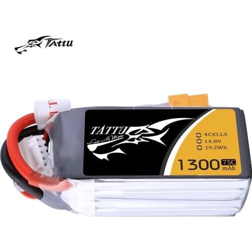 Tattu Lipo Battery 75C 14.8V 1300mAh Lipo 4S Racing Battery XT60 Plug Quadcopter Racing FPV Drone RC Heli Skylark Emax Nighthawk
