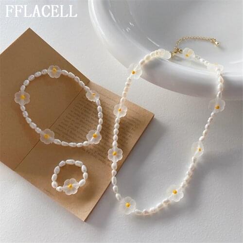 FFLACELL New Sweet Cute Freshwater Pearls Transparent Small Daisy Flowers Ring Bracelet Beaded Necklace for Women Girls Jewelry