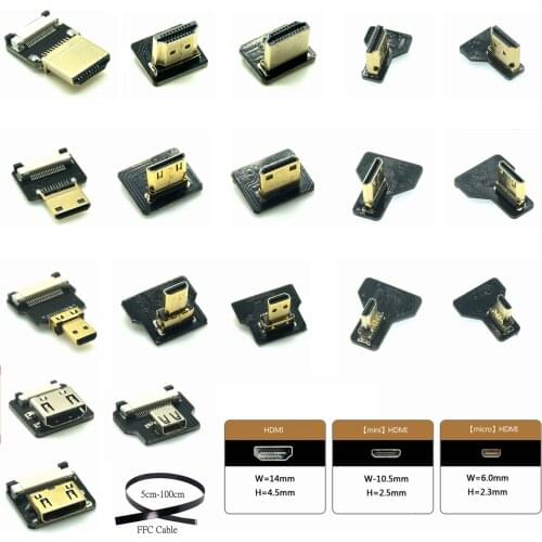 FPV Micro HDMI-Mini HDMI-90 Degree Adapter 5cm-100cm FPC Ribbon Flat HDMI-Cable Pitch 20pin Plug Connector