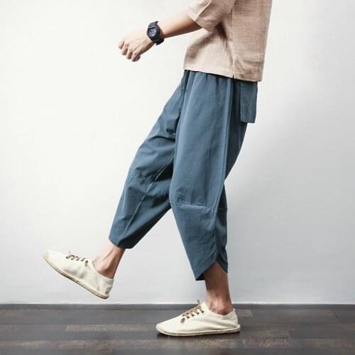 Cotton Linen Mens Harem Pants Summer Male Casual Calf-Length Pants 2021 Solid Big Pocket Baggy Pants Trousers Large Size M-5XL
