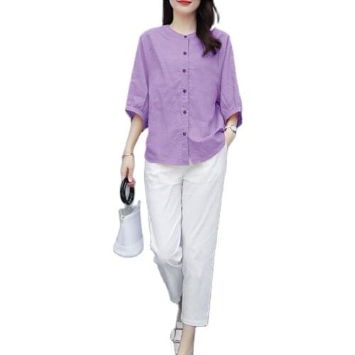 Cotton Linen Two Piece Sets Outfits Women Plus Size Purple Tops And White Pants Suits Casual Vintage Fashion Korean 2 Piece Sets