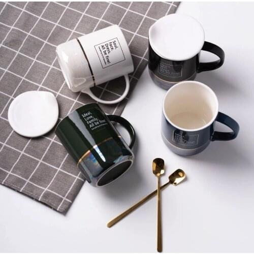 Golden Inlay Ceramics Coffee Milk Tea Mug With Lid And Spoon Nordic Style Porcelain Breakfast Cup Drinkware Novelty G Wholesale