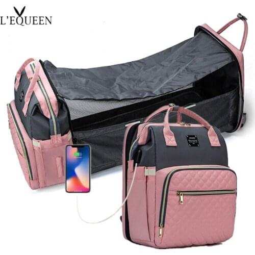 Lequeen Multifunctional Portable Folding USB Diaper Bag Mum Mother Travel Large Backpack Baby Bed Diaper Changing Table Pads