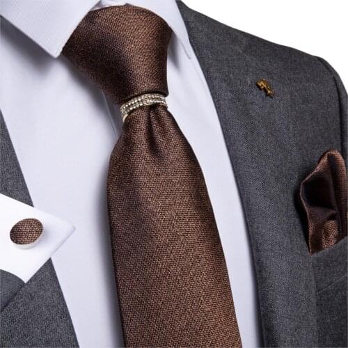 Mens Necktie Brown Solid Wedding Tie For Men Necktie Ring Silk Tie Set Hanky Cufflinks DiBanGu New Designer Business JZ-03-7136