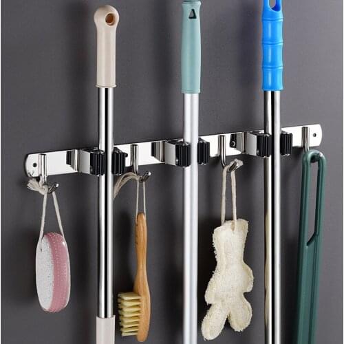 Wall-mounted Stainless Steel Broom Rack Mop Clip Wall-mounted Storage Rack with Hooks Kitchen Storage Bathroom Accessories