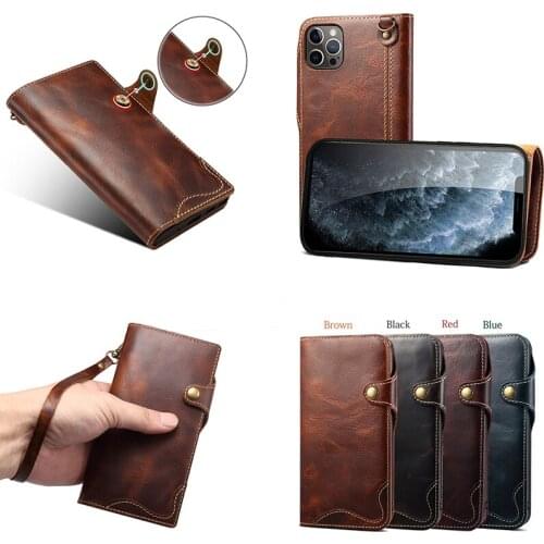 Real Leather Case For iPhone 12 Pro Max Wallet Cover Pouch With Card Slots Money Pocket Hand Strip