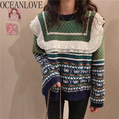OCEANLOVE Autumn Winter Women Sweaters Japan Style Ruffles Print Vintage Warm Pull Femme Casual 2021 Sueters De Mujer Sweet