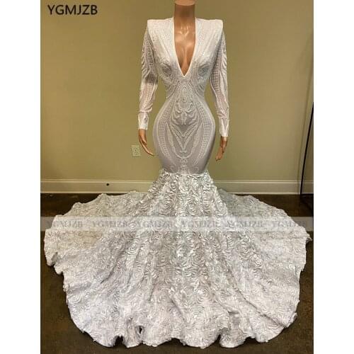 African Woman Long Mermaid Prom Dresses 2020 Sparkly Sequin 3D Flowers Train V Neck Full Sleeve Black Girl Evening Party Gown