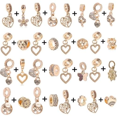 2Pcs/Lot Gold Color Crystal Love Tree Charm Pendants Fit Brand Bracelets & Necklaces For Women Valentines Day Gift Making