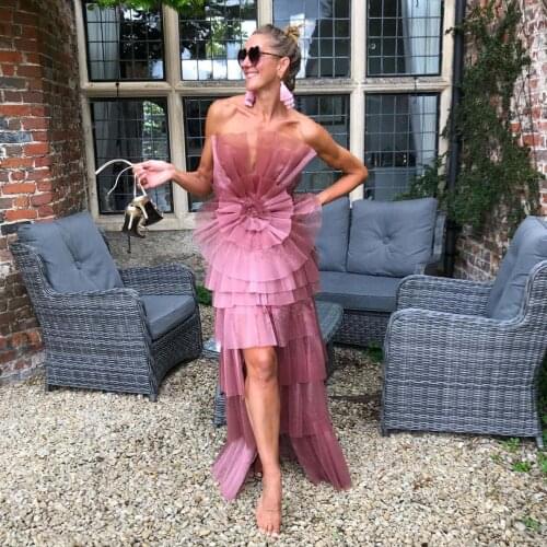 Pink Fashion Sexy Exquisite Strapless Dresses Backless Ruffles Flowers Tulle Front-high And Back-low Gown Custom Made