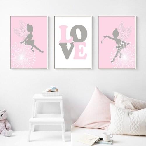 Pink Cartoon Fairy Wall Art Canvas Painting Nordic Posters and Prints Babay Girl Nursery Wall Pictures for Kids Room Decor